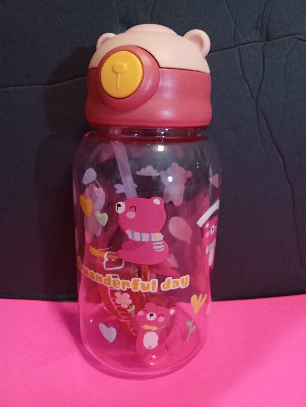 Kids Pink Bear Straw Water Bottle - Brand